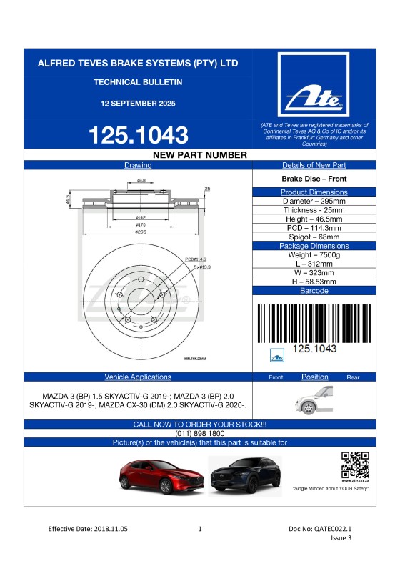 125.1043 NEW! BRAKE DISC FOR MAZDA 3, MAZDA CX-30  featured image